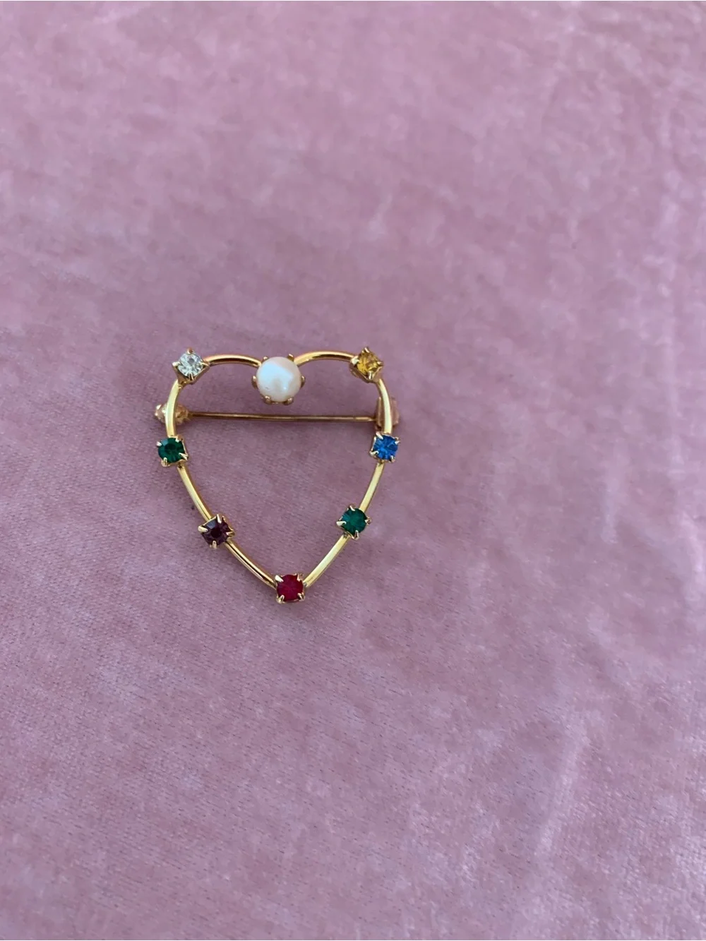 Vintage Gold Heart Brooch with Multicolor Stones and a center pearl  Great Piece